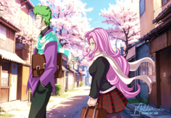 Size: 1075x744 | Tagged: safe, artist:neldorwen, part of a set, fluttershy, spike, human, g4, adult, adult spike, anime, commission, commissioner:beef--wellington, digital art, digital painting, duo, duo female, duo male and female, fanart, female, human spike, humanized, male, older, older spike, part of a series, ship:flutterspike, shipping, story:the life and times of the equestrian dragon, straight