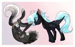 Size: 1302x820 | Tagged: safe, artist:gnocchicavearts, oc, oc only, oc:midnight lancer, oc:obsidian limelight, crystal pony, pegasus, pony, unicorn, cute, duo, duo male and female, eye clipping through hair, female, gradient background, horn, lying down, male, mare, on back, passepartout, signature, smiling, stallion, upside down, wings