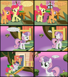 Size: 5400x6075 | Tagged: safe, artist:gm-scoots, apple bloom, rumble, scootaloo, sweetie belle, earth pony, pegasus, pony, unicorn, g4, apple bloom's bow, bow, butt, clubhouse, collaboration:crusade crisis, colt, crusaders clubhouse, cutie mark crusaders, female, filly, foal, green lantern ring, hair bow, horn, male, plot