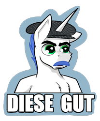 Size: 4645x5616 | Tagged: safe, artist:bumskuchen, oc, oc only, oc:shifting gear, pony, unicorn, bust, clothes, german, german meme, hat, horn, meme, solo, sticker