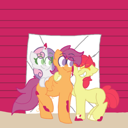 Size: 720x720 | Tagged: safe, artist:not-important, apple bloom, scootaloo, sweetie belle, earth pony, pegasus, pony, unicorn, g4, cutie mark crusaders, female, horn, lesbian, looking at each other, looking at someone, paint stains, polyamory, ship:scootabelle, ship:scootabloom, ship:sweetiebloom, ship:sweetiebloomaloo, shipping, trio, trio female