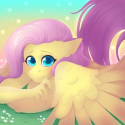 Size: 4096x4096 | Tagged: safe, artist:yutailaarts, fluttershy, pegasus, anthro, g4, blushing, crossed arms, ears back, female, flower, gradient background, looking at you, lying down, prone, solo