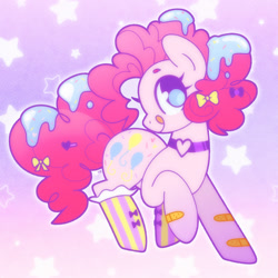 Size: 1600x1600 | Tagged: safe, artist:vivian reed, part of a set, pinkie pie, earth pony, pony, g4, bandaid, boots, bow, choker, chokerpie, clothes, fairy kei, female, food, food in hair, frosting, gradient background, hair bow, heart choker, lavender background, licking, licking lips, mare, shoes, simple background, socks, solo, standing on two hooves, star background, striped socks, tail, tail bow, tail clip, tongue out