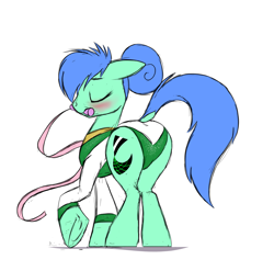 Size: 2905x2865 | Tagged: safe, artist:naivintage, oc, oc only, oc:spearmint, earth pony, pony, blushing, butt, clothes, crossdressing, dock, femboy, leotard, male, mouth hold, olympics, plot, rear view, rhythmic gymnastics, solo, stallion, tail