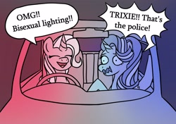 Size: 3400x2400 | Tagged: safe, artist:simpledoggo, starlight glimmer, trixie, pony, unicorn, g4, car, dialogue, driving, eyes closed, female, horn, lesbian, mare, oblivious, open mouth, open smile, pinpoint eyes, police, police siren, ship:startrix, shipping, smiling, speech bubble, steering wheel, trixie is a goddamn moron, wavy mouth