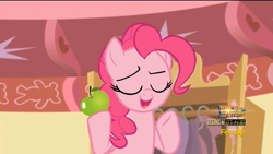 Size: 1280x720 | Tagged: safe, screencap, pinkie pie, earth pony, g4, the one where pinkie pie knows, apple, female, food, solo, sugarcube corner