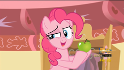 Size: 1280x720 | Tagged: safe, screencap, pinkie pie, earth pony, pony, g4, season 5, the one where pinkie pie knows, apple, female, food, solo, sugarcube corner