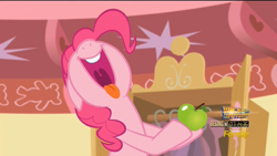 Size: 1280x720 | Tagged: safe, screencap, pinkie pie, earth pony, g4, the one where pinkie pie knows, apple, female, food, open mouth, solo, sugarcube corner, tongue out