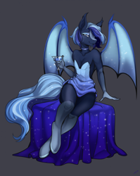 Size: 1712x2153 | Tagged: safe, artist:maryy2323, oc, oc only, oc:nightwing, bat pony, anthro, unguligrade anthro, alcohol, anthro oc, bat pony oc, blue eyes, blue mane, blue wings, choker, clothes, cocktail, crossdressing, dress, drink, eyeshadow, femboy, gray background, lidded eyes, makeup, male, martini glass, simple background, sitting, smiling, solo, strapless, strapless dress, wings