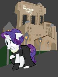 Size: 2185x2906 | Tagged: safe, artist:solarflare6041, rarity, pony, unicorn, g4, clothes, colored, dark background, dress, flat colors, floppy ears, gritted teeth, hollywood tower hotel, horn, hotel, looking back, no catchlights, scared, solo, streetlight, teeth, the twilight zone tower of terror, walking