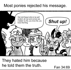 Size: 840x824 | Tagged: safe, artist:pony-berserker edits, edit, oc, oc:shadowed ember, oc:silver sickle, oc:slipstream, earth pony, pony, unicorn, chick tract, horn, jack chick, meme, meme template, most people rejected his message