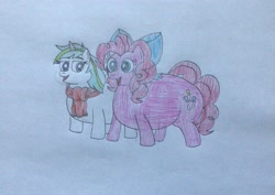 Size: 3129x2221 | Tagged: safe, artist:hritz123, pinkie pie, oc, earth pony, unicorn, g4, drawing, duo, horn, older, older pinkie pie, traditional art