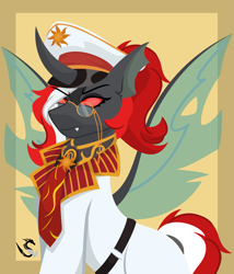 Size: 2847x3325 | Tagged: safe, artist:samsailz, oc, oc:red rocket, changeling, equestria at war mod, belt, changelingified, clothes, fangs, glasses, hat, necktie, red changeling, red eyes, serious, solar empire, species swap, uniform, wings