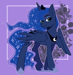 Size: 1979x2048 | Tagged: safe, artist:downsteepy, princess luna, alicorn, pony, g4, concave belly, female, flower, high res, mare, outline, smiling, solo, white outline