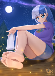 Size: 2480x3425 | Tagged: safe, artist:focusb, minuette, human, equestria girls, g4, barefoot, breasts, busty minuette, camp everfree outfits, feet, female, fetish, foot fetish, full moon, high res, human coloration, moon, night, sock, solo