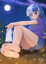 Size: 2480x3425 | Tagged: safe, artist:focusb, minuette, human, equestria girls, g4, barefoot, breasts, busty minuette, camp everfree outfits, feet, female, fetish, foot fetish, foot focus, full moon, high res, human coloration, moon, night, sock, solo