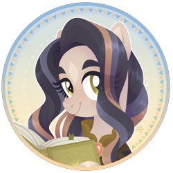 Size: 3000x3000 | Tagged: safe, artist:kabuvee, oc, oc only, oc:lissa, pegasus, pony, artfight, book, brooch, bust, clothes, coat markings, colored eyebrows, colored hooves, colored pinnae, cream hooves, eye clipping through hair, eyelashes, facial markings, female, female oc, gift art, green eyes, hoof hold, hooves, jewelry, lidded eyes, lineless, long mane, mare, mare oc, open book, pegasus oc, portrait, shiny hooves, shiny mane, shirt, signature, smiling, solo, star (coat marking), tan coat, thick eyebrows, three toned mane, two toned ears