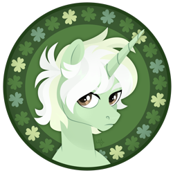 Size: 3000x3000 | Tagged: safe, artist:kabuvee, oc, oc only, oc:trefoil clover, pony, unicorn, artfight, brown eyes, bust, clover, colored eyebrows, fluffy mane, four leaf clover, frown, gift art, green coat, horn, lineless, long horn, male, male oc, portrait, short mane, solo, stallion, stallion oc, three toned mane, unicorn horn, white mane