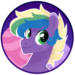 Size: 3000x3000 | Tagged: safe, artist:kabuvee, oc, oc only, oc:nebuloid love, earth pony, pegasus, pony, artfight, bust, colored eartips, earth pony oc, freckles, gift art, green eyes, lineless, male, male oc, outline, pegasus oc, portrait, purple coat, shiny mane, signature, smiling, solo, stallion, stallion oc, star freckles, striped mane, three toned mane, two toned ears