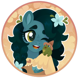 Size: 3000x3000 | Tagged: safe, artist:kabuvee, oc, oc only, oc:dew, earth pony, frog, pony, artfight, blue coat, blue hooves, braid, braided pigtails, bust, clothes, coat, colored eartips, colored eyebrows, colored hooves, colored pinnae, colored pupils, dark mane, earth pony oc, eye markings, eyelashes, fangs, female, female oc, flower, flower in hair, gift art, green eyes, green pupils, hooves, long mane, looking at something, looking at sometihng, mare, mare oc, one eye closed, open mouth, open smile, pigtails, portrait, shiny mane, smiling, solo, thick eyebrows, three toned ears, tied mane, two toned mane, unshorn fetlocks