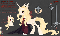 Size: 1920x1152 | Tagged: safe, artist:kabuvee, oc, oc only, oc:adrian blessed, alicorn, bat pony, bat pony alicorn, pony, undead, vampire, vampony, bat wings, clothes, horn, male, reference sheet, solo, stallion, sword, weapon, wings