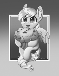 Size: 1738x2249 | Tagged: safe, artist:taytinabelle, derpy hooves, pegasus, pony, g4, black and white, cute, derpabetes, ear fluff, female, floating, food, gradient background, grayscale, halftone, happy, hoof hold, looking at you, manga style, mare, monochrome, muffin, passepartout, smiling, solo, spread wings, wings