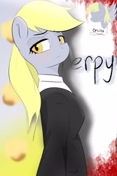 Size: 2362x3543 | Tagged: safe, artist:orivika_, derpy hooves, pegasus, anthro, g4, blood, clothes, female, food, high res, humanized, killer, looking at you, muffin, name, signature, solo