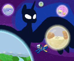 Size: 880x720 | Tagged: safe, artist:nitobit, derpy hooves, princess luna, sea swirl, seafoam, oc, oc:moonlight wane, alicorn, bat pony, dolphin, g4, desert, digital art, dream, dream orbs, dreamscape, female, food, glowing, glowing eyes, male, mare, muffin, pixel art, sand, stallion, tree