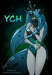 Size: 1640x2360 | Tagged: safe, artist:stirren, queen chrysalis, anthro, g4, bodysuit, clothes, commission, crown, jewelry, latex, latex suit, living clothes, living suit, looking at you, pinup, ponysuit, regalia, shiny, your character here