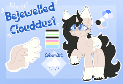 Size: 2486x1714 | Tagged: safe, artist:darling, oc, oc only, oc:bejewelled clouddust, alicorn, pony, g4, agender, agender pride flag, alicorn oc, alicorn wings, black hair, black mane, blue eyelashes, blue eyes, color palette, cream coat, cutie mark, fluffy tail, horn, lgbt, pansexual, pansexual pride flag, ponysona, pride, pride flag, pronouns, reference, reference sheet, tail, unshorn fetlocks, wings