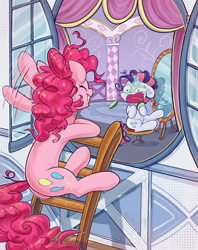 Size: 2564x3245 | Tagged: safe, artist:krista-21, pinkie pie, rarity, earth pony, pony, unicorn, g4, carousel boutique, commissioner:shaddar, cucumber monocle, cute, duo, duo female, eyes closed, female, greeting, grin, hair curlers, horn, implied lesbian, interior, ladder, looking at each other, looking at someone, makeup, mirror, mud mask, scared, screaming, ship:raripie, shipping, smiling, window