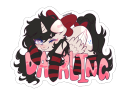 Size: 3796x3061 | Tagged: safe, artist:rocket_skaterz, oc, oc only, oc:bejewelled clouddust, alicorn, pony, alicorn oc, badge, black hair, black mane, blue eyes, bow, clothes, con badge, convention badge, emo, eyelashes, fluffy hair, fluffy tail, gift art, gradient eyes, hair bow, heart, heart eyes, horn, leg warmers, lgbt, pink text, ponysona, red bow, socks, solo, striped socks, tail, tail bow, transparent background, wingding eyes, wings