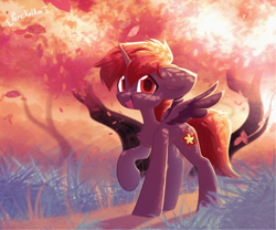 Size: 3000x2500 | Tagged: safe, artist:persikulka, oc, oc only, oc:hardy, alicorn, pony, alicorn oc, autumn, backlighting, big ears, big eyes, big hooves, chest fluff, colored pupils, colored wings, colored wingtips, concave belly, detailed background, dirt road, eyebrows, eyebrows visible through hair, falling leaves, floppy ears, grass, high res, horn, leaves, looking at you, male, multicolored mane, multicolored tail, open mouth, open smile, outdoors, purple coat, purple wingtips, raised hoof, red eyes, red pupils, signature, slender, small wings, smiling, smiling at you, solo, spread wings, stallion, standing, standing on three hooves, tail, thin, tree, two toned wings, unicorn horn, wings