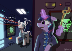 Size: 1527x1080 | Tagged: safe, artist:darkdabula, twilight sparkle, cyborg, cyborg pony, pony, unicorn, g4, floppy ears, glowing, glowing horn, horn, magic, magic aura, pun, shodan, standing, system shock, telekinesis, unicorn twilight, wrench