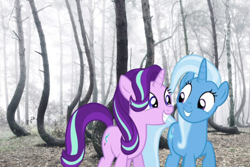 Size: 640x427 | Tagged: safe, artist:trrrebleee, artist:trrriple0dds, edit, starlight glimmer, trixie, pony, unicorn, g4, female, forest, horn, irl, mare, meme, nature, photo, ponies in real life, real life background, stars, tree