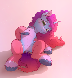 Size: 1668x1797 | Tagged: safe, artist:itssim, misty brightdawn, pony, unicorn, g5, belly, blushing, chest fluff, clothes, commission, commissioner:mercurial, cute, dock, ear fluff, featureless crotch, female, horn, looking at you, lying down, mare, pale belly, ribcage, smiling, smiling at you, socks, solo, spread legs, spreading, tail, weapons-grade cute