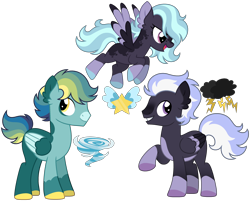 Size: 2920x2342 | Tagged: safe, artist:strawberry-spritz, oc, oc only, oc:dusky derecho, oc:greenray twister, oc:nimbus nightingale, pegasus, pony, g4, base used, blaze (coat marking), blue coat, blue hooves, blue wingtips, coat markings, colored belly, colored hooves, colored pinnae, colored wings, colored wingtips, ear fluff, eye markings, facial markings, female, female oc, flying, folded wings, half-brother, half-siblings, hooves, looking back, male, mare, mare oc, mohawk, multicolored mane, multicolored tail, multicolored wings, narrowed eyes, offspring, open mouth, open smile, pale belly, parent:cloudchaser, parent:rainbow dash, parent:soarin', parent:thunderlane, parents:flitterlane, parents:soarindash, parents:thunderchaser, pegasus oc, profile, purple coat, purple eyes, purple hooves, raised hoof, show accurate, simple background, smiling, snip (coat marking), socks (coat markings), stallion, standing, standing on three hooves, tail, three toned wings, transparent background, trio, two toned coat, two toned ears, two toned mane, two toned tail, two toned wings, two toned wingtips, wall of tags, wings, yellow eyes, yellow hooves