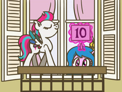 Size: 1800x1350 | Tagged: safe, artist:flutterluv, izzy moonbow, zipp storm, pegasus, pony, unicorn, g5, balcony, duo, duo female, female, horn, magic, magic aura, ponified animal photo, score card, telekinesis, window