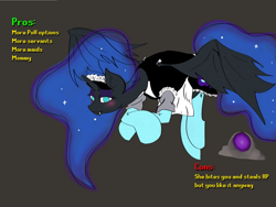 Size: 4800x3600 | Tagged: safe, artist:ponny, nightmare moon, alicorn, pony, g4, blushing, clothes, drawthread, fangs, female, flying, maid, maid headdress, mare, request, requested art, runescape, simple background, socks, solo, text