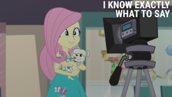 Size: 2000x1125 | Tagged: safe, edit, edited screencap, editor:quoterific, screencap, fluttershy, dog, human, equestria girls, g4, my little pony equestria girls: better together, outtakes (episode), camera, clothes, cute, dress, female, fluttershy boho dress, geode of fauna, magical geodes, nervous, nervous smile, skinny, smiling, thin, video camera