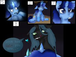 Size: 4000x3000 | Tagged: artist needed, source needed, safe, queen chrysalis, oc, oc:blue thunder, pony, g4, comic, dizzy, forest, kidnapped, nature, tree