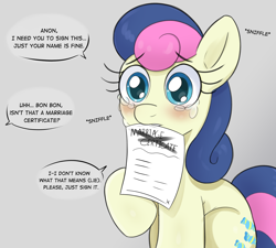 Size: 2000x1800 | Tagged: safe, artist:anonymous, bon bon, sweetie drops, oc, oc:anon, earth pony, pony, g4, adorable distress, adorabon, blushing, colored, comic, crying, cute, drawthread, eyebrows, eyebrows visible through hair, lies, marriage certificate, offscreen character, offscreen human, one-panel comic, ponified comic, ponified manga, requested art, sad, sadorable, scam, shading, sniffling, stuttering, teary eyes