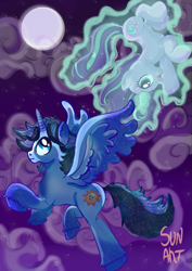 Size: 723x1023 | Tagged: artist needed, source needed, safe, starlight glimmer, oc, oc:blue thunder, alicorn, pony, g4, flying, magic, moon, telekinesis