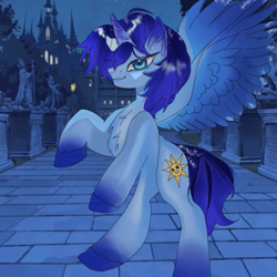 Size: 601x601 | Tagged: artist needed, source needed, safe, oc, oc:blue thunder, alicorn, pony, canterlot, castle, rearing, solo, spread wings, wings