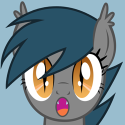 Size: 1024x1024 | Tagged: safe, artist:qncle, oc, oc only, oc:speck, bat pony, pony, :o, blue background, open mouth, simple background, solo, surprised