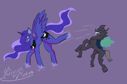 Size: 1188x794 | Tagged: safe, artist:partyratt, princess luna, alicorn, changeling, pony, g4, duo, female, fight, kick, male, mare, spread wings, wings