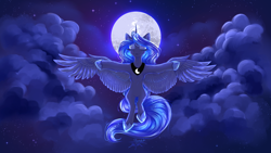 Size: 3840x2160 | Tagged: safe, artist:jsunlight, princess luna, alicorn, pony, g4, belly, cloud, female, flying, mare, moon, night, sky, solo, spread wings, stars, wallpaper, wings