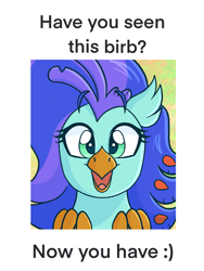 Size: 1536x2048 | Tagged: safe, artist:slushpony, oc, oc only, oc:sea lilly, classical hippogriff, hippogriff, :d, birb, commission, happy, looking at you, meme, open mouth, open smile, simple background, smiling, solo, text, ych result