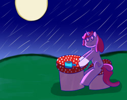 Size: 1592x1259 | Tagged: safe, artist:redfire-pony, oc, oc only, oc:dawnfire, pony, unicorn, coffee, female, horn, mare, moon, mushroom, night, solo