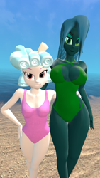 Size: 1080x1920 | Tagged: safe, artist:oatmeal!, cozy glow, queen chrysalis, human, equestria girls, g4, 3d, beach, breasts, cleavage, clothes, duo, duo female, female, gmod, green swimsuit, hand on hip, holding, legs together, looking at you, mommy chrissy, ocean, older, older cozy glow, one-piece swimsuit, pink swimsuit, sexy, swimsuit, water